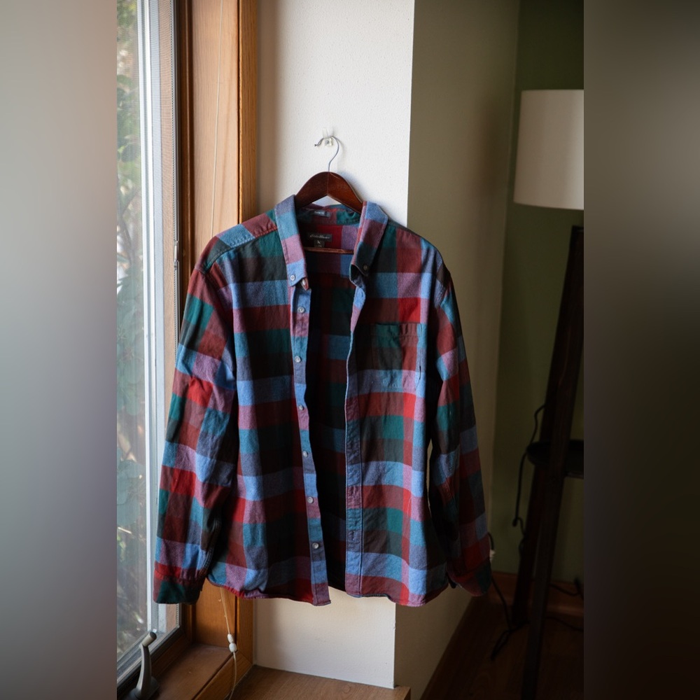 Eddie Bauer blue + red button-down flannel